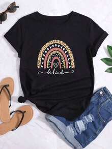 Camiseta de manga corta para mujer con estampado de arcoíris y la palabra LOVE, adecuada para primavera, verano y otoño, casual, deportiva y a la moda, sencilla y versátil. - Negro - Ver 6