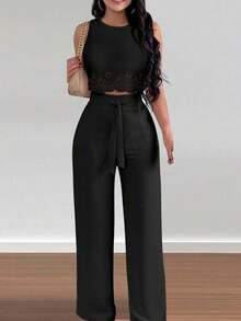 Set de 2 piezas para mujer con top corto elegante con diseño calado y ata y pantalón recto para vacaciones - Negro - Ver 3