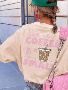 Women's Casual Short-Sleeve T-Shirt With Iced Coffee Print, Sweet Girly Style With Round Neck And Double Print Front And Back, Streetwear For Everyday Summer Wear - 彩色 - 查看 3