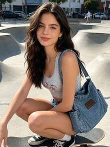 Túi đeo chéo denim wash vintage Y2K, dung tích lớn, nhiều ngăn, túi đeo vai thời trang đường phố sành điệu để đi làm hàng ngày. - Nhiều màu - Xem 4