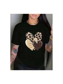YOCASA Camiseta Casual de Verano para Mujer, con Cuello Redondo, Ajustada y Manga Corta, con Estampado de Pintura al Óleo, Floral, Corazón, Cereza y Patrones de Letras. Tejido Casual Simple, Estilo Deportivo, Ideal para Uso Diario y Citas de San Valentín. 1 pieza, 180G Pure Heavy, 95% Poliéster 5% Spandex. - Negro - Ver 3