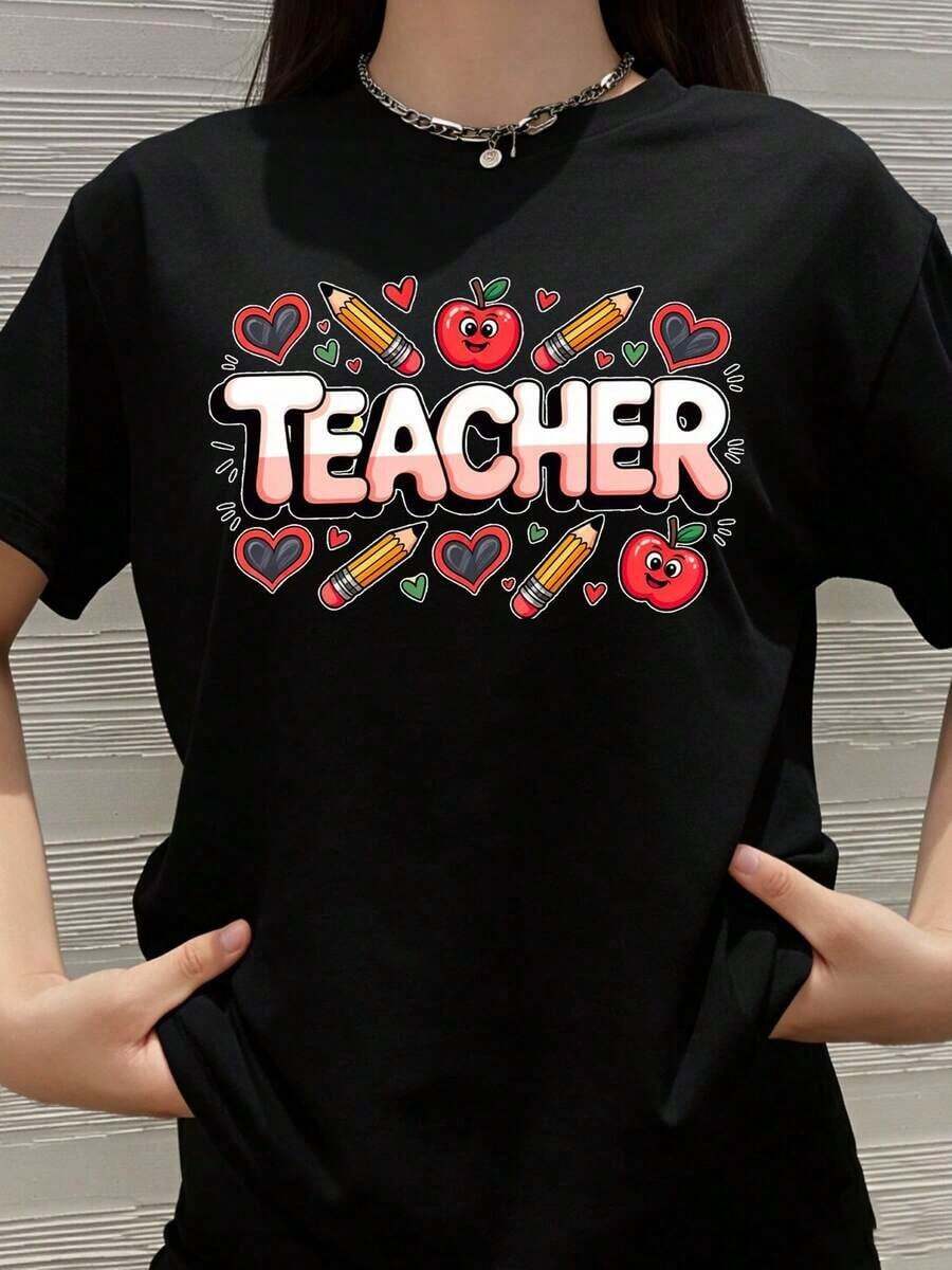 Camiseta para Maestras con Diseño de Lápices, Manzanas y Corazones, Regalo para el Día de la Maestra, Ropa de Agradecimiento para Maestras de Escuela - Negro - Ver 1