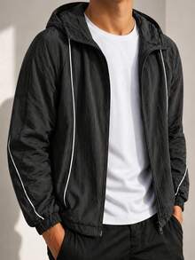 1pc Men's Black Pleated Textured Hooded Zip-Up Jacket, Lightweight Breathable Comfortable Minimalist Vintage Style Men's Outerwear, Machine Washable & Dry Cleanable, Wrinkle-Resistant, Casual Wear - Black - View 10