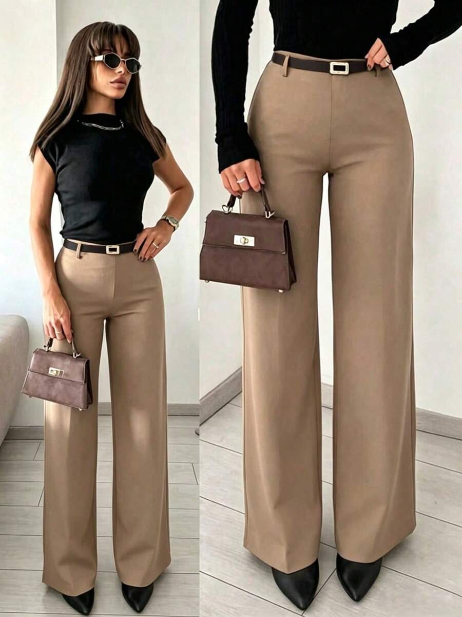 SMILE CHI 2026 Spring/Summer New Women's Casual Elastic Straight-Leg Pants, Versatile, Flattering, Breathable & Comfortable Fabric, Suitable For Commuting, Office Wear (Belt Not Included)