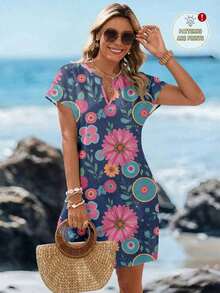 Vestido corto minimalista casual con cuello en V, adecuado para primavera y verano, ropa de verano para mujer, a rayas de colores, ropa de resort para mujer - Multicolor 9 - Ver 1