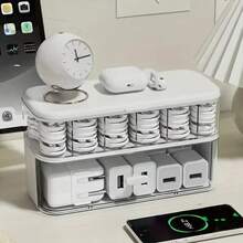 1pc Minimalist Style Cable Organizer Box Upper Layer With Multi-Grid Compartments Lower Layer With Large Storage Space Flip Lid Dustproof Design Cream White Border Cable Storage Dustproof & Dirt-Resistant Desk Organization Divided Storage - White - View 6