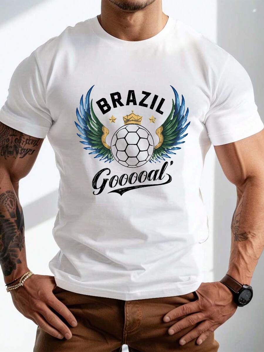 Camiseta de Fútbol de Brasil para Hombre, Talla Grande - Ropa para Fanáticos de Brasil, Camiseta Casual de Verano con Estampado de Balón de Fútbol de Brasil, Lavable a Máquina, Ideal para Atuendos Casuales y Eventos, TALLA GRANDE - Negro - Ver 1