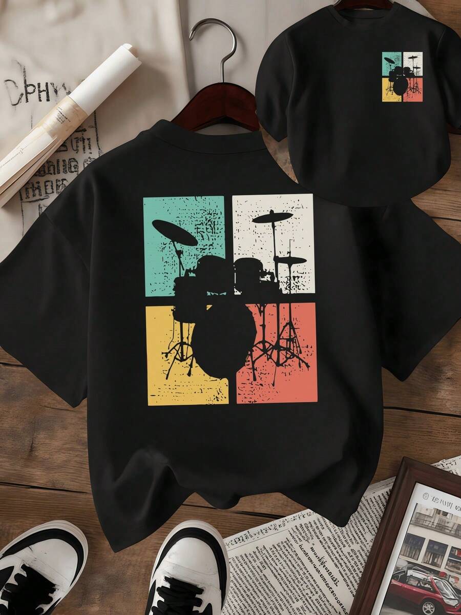 Símbolos de ritmo y pasión en bloques de color que evocan la energía de la música y el movimiento artístico camiseta de mujer estampado doble lado cómoda y moderna para uso diario - Negro - Ver 1