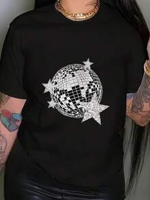 Unisex Short-Sleeved T-Shirt For Women, Retro Disco Ball & Iconic Dance T-Shirt - Short Sleeve Crew Neck Casual Top With Disco Graphics, Machine Washable, Non-Blouse Style Suitable For Summer, Spring Festivities, Casual Wear & Themed Event Players, Men, , Women, Romwe, Men, Boho Chic, Teacher Gifts, T-Shirt For Curvy Women's Sets, Y2K - 黑色 - 查看 1