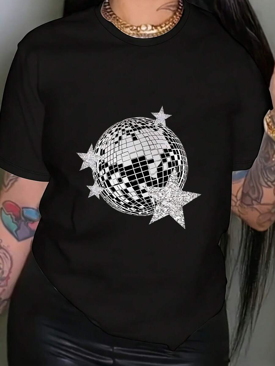 Unisex Short-Sleeved T-Shirt For Women, Retro Disco Ball & Iconic Dance T-Shirt - Short Sleeve Crew Neck Casual Top With Disco Graphics, Machine Washable, Non-Blouse Style Suitable For Summer, Spring Festivities, Casual Wear & Themed Event Players, Men, , Women, Romwe, Men, Boho Chic, Teacher Gifts, T-Shirt For Curvy Women's Sets, Y2K - 黑色 - 查看 1