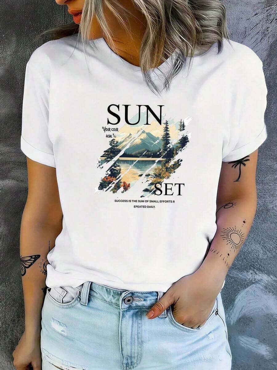 Camiseta de manga corta 100% algodón, diseño estampado informal para mujer, 100% algodón, camiseta lavada, diseño estampado, sin textura, nueva, primavera/verano, cuello redondo, suéter, camiseta con estampado de paisaje de montaña al atardecer, colorida y naturalmente hermosa. ImpresoPatrónCuello RedondoManga cortaCamisetaAdecuadoParaMujeresPrimaveraYVeranoCorrerActividades,Cómodo,Suave,YTranspirable. Camiseta de manga corta con cuello redondo estilo Y2K. Conjuntos de Verano 2026 para Mujer, Ropa Urbana para Mujer, Ropa de Verano con Estilo Caprichoso, Conjuntos de Uso Diario para Mujer, Camisetas de Verano - Blanco - Ver 1