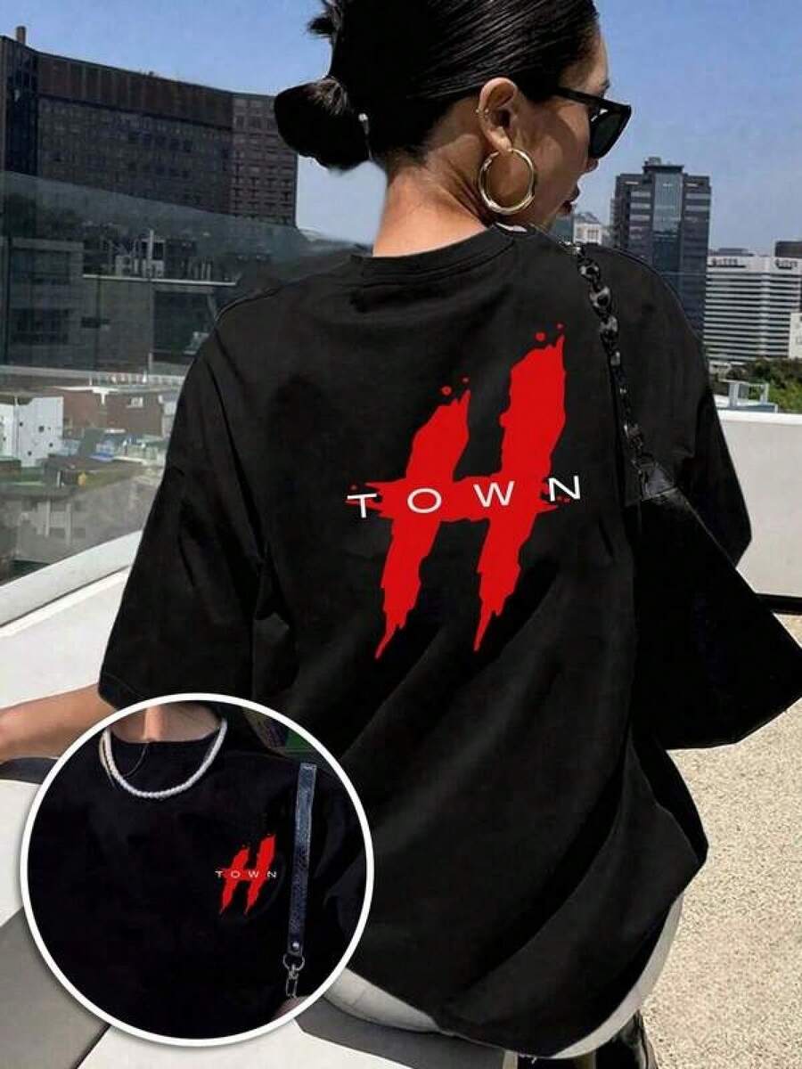 1 Piece Unisex Loose Fit Crew Neck Short Sleeve T-Shirt, 180g, 100% Pure Cotton, Breathable And Soft, Y2K Bababask Style With Modern Graphic Print, Ideal For Women And Men, Perfect For Daily Wear, Festivals, Concerts And All Seasons - 黑色 - 查看 1