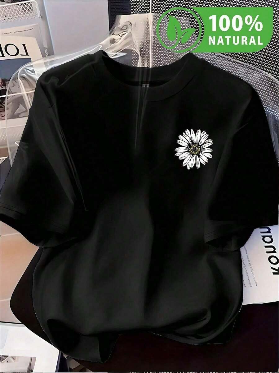 Women's Blouses, Women's T-Shirts, Casual Blouses For Ladies, Black T-Shirt With White Daisy Print, Casual Urban Style For Men VC8L - 黑色 - 查看 1