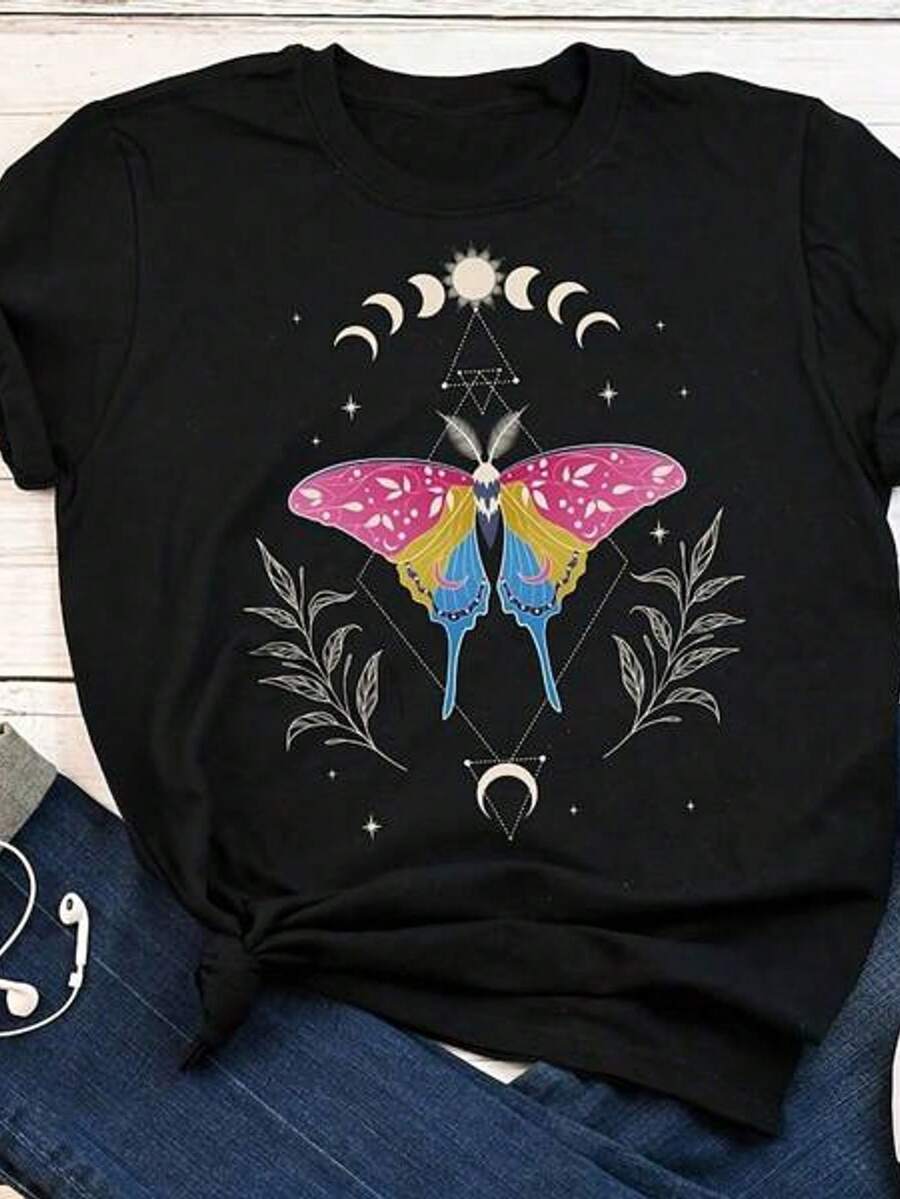 Camiseta de Orgullo Pansexual, para Mujeres, Regalo con Bandera del Orgullo Pansexual, Camiseta LGBT, Camiseta para el Mes del Orgullo Gay, Diseño Sutil de Luna, Mariposa de la Luna y Fases Lunares, Estilo Cottagecore - Negro - Ver 1