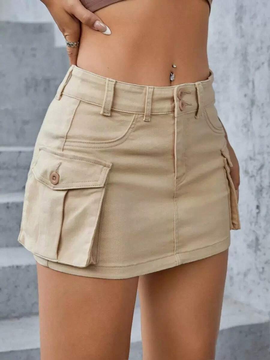 Falda en mezclilla con bolsillo con solapa - Caqui 3 - Ver 1