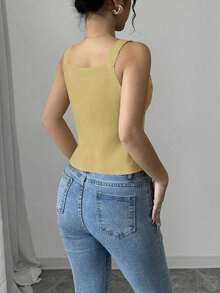Camiseta sin mangas de un solo pecho de unicolor casual para mujer - amarillo ganso - Ver 2