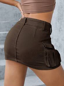 Minifalda de tela vaquera de tiro bajo, de moda para el verano - Café integral 2 - Ver 2