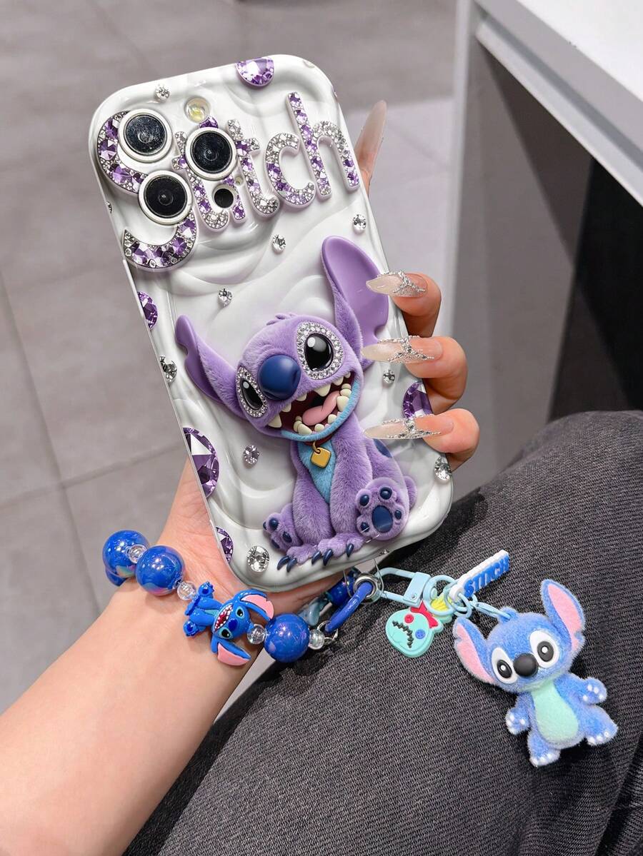 Disney Has Authorized, Phone Case - Chain Set, The Stitch Lilo & Stitch 3D Phone Case Plus A Silicone 3D Stitch Bracelet With Metallic Ring Removable Bracelet, Stitch And Angel Pattern, Compatible With Iphone17/16/15/14/13/12/11/XS/XR/X Plus Pro Max, A Stylish Cartoon Phone Case, The Perfect Gift Choice, Phone Protection, Durable Phone Cover, Great Gift For Friends And Family. - White - View 1