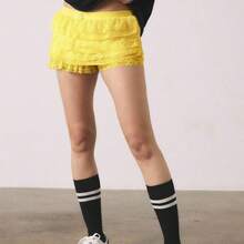 Summer Balletcore Sweet Bow Kawaii Mesh Contrast Lace Ruffle Trim Low Waist Yellow Mini Shorts - Amarillo - Ver 6