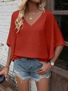Camisa de manga de murciélago de unicolor casual, verano - Rojo - Ver 7
