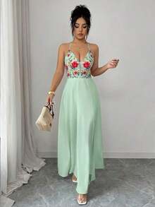 Vestido largo con abertura, escote en V, estampado floral, espalda elástica, diseño elegante y casual para uso diario, vacaciones y días festivos - Verde - Ver 4