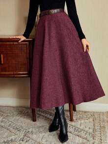 DECDS Falda elegante vintage para mujer con bolsillos y cinturón a cuadros, falda casual de vacaciones, falda gris de otoño, invierno y Navidad, falda para invitada de boda - Burdeos - Ver 4