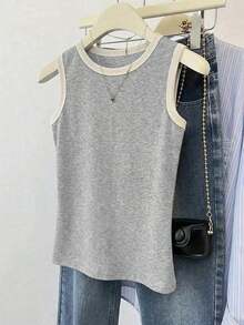 Top de camisola roja con ribetes contrastantes para mujer - Gris - Ver 4