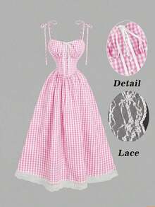 Vestido midi de estilo romántico y campestre con estampado de cuadros rojos y blancos - Rosa Pálido - Ver 2