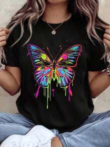Camiseta de Cuello Redondo para Mujer con Estampado de Mariposas Coloridas, Manga Corta, Estilo Casual de Verano - Negro - Ver 8