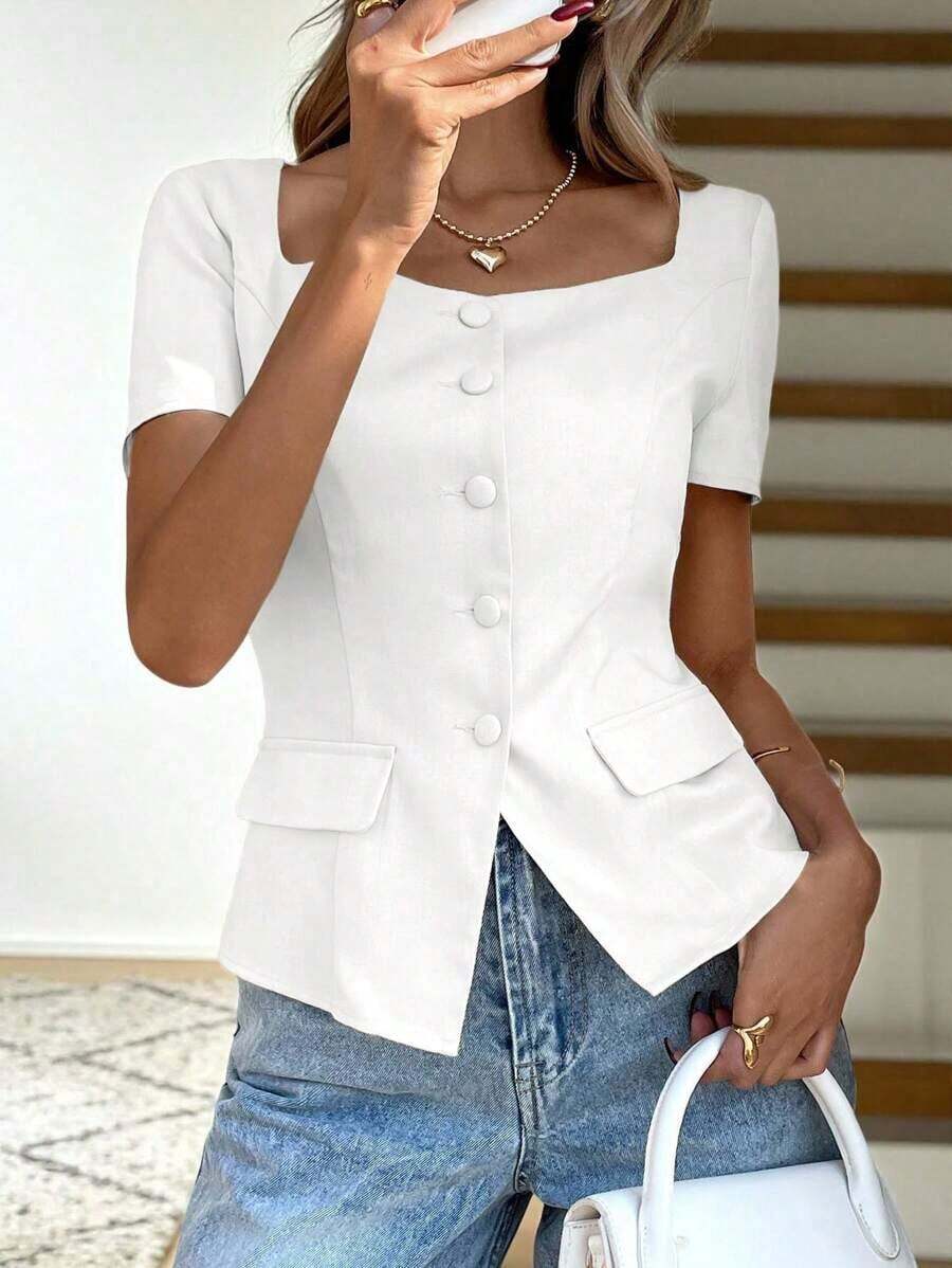 Camisa de unicolor sin mangas con cuello, top de estilo vintage retro para oficina - Blanco - Ver 1