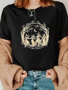 Women's Casual Black Crew Neck Short Sleeve Knit T-Shirt With Witchy Forest Print Drop Shoulder Top P8MB - 黑色 - 查看 2