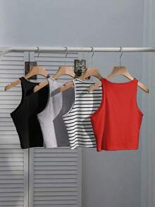 Conjunto de 4 piezas para mujer: Camiseta sin mangas a rayas en blanco y negro, cereza casual para vacaciones, versátil y sexy para el verano y el regreso a la escuela - Multicolor - Ver 2