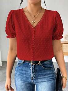 Blusa de gasa con estampado de lunares francés de moda para mujer, diseño elegante y elegante de manga corta con volantes para el verano - Rojo - Ver 7