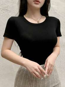 Camiseta de manga corta de unicolor casual para mujer, verano - Negro 2 - Ver 4