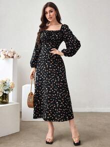Vestido largo con cuello cuadrado, mangas farol y estampado floral para mujer - Negro - Ver 5