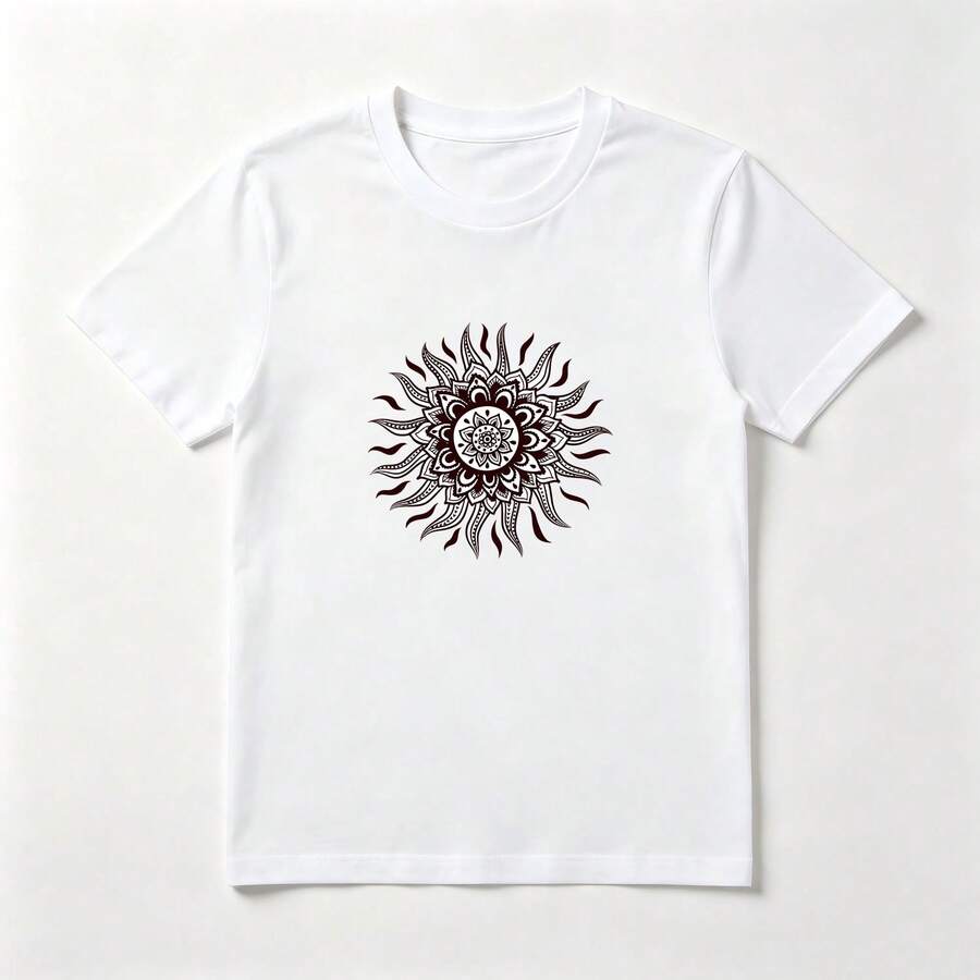 Top Mujer Algodón Estampado Mandala Sol Geométrico - Camiseta Boho Chic - Blanco - Ver 1