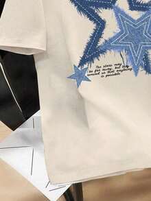 Retro Star Print T-Shirt, Graphic Tee - 杏 - 查看 4