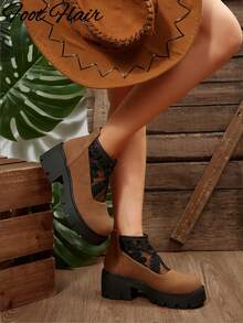 Sepatu Bot Wanita Model Bohemian Berbahan Jala Bernapas dengan Motif Renda, Ujung Bulat, Resleting Belakang, Warna Cokelat Vintage, Cocok untuk Aktivitas Luar Ruangan, Festival, dan Pemakaian Sehari-hari Sepanjang Musim, Modis, Serbaguna, Menambah Tinggi Badan, Motif Acak - Coklat - View 5