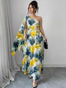Elenzya Vestido maxi de talla grande sin mangas con cintura anudada, estampado de flores efecto tie-dye, elegante vestido de estilo francés para vacaciones de primavera/verano - Multicolor - Ver 4