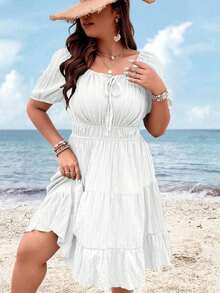 Clasi Vestido corto de manga corta en color burdeos de uso diario, sencillo y liso para mujeres de talla grande - Blanco - Ver 4