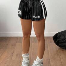 Women's Summer Festival Streetwear Athleisure Y2K Game Day Striped Satin Fabric Baggy Elastic Waistband Sweater Shorts Athletic Shorts Women Black And White Striped Shorts - Negro - Ver 2
