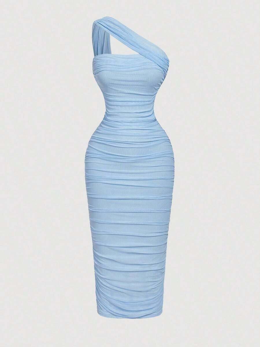 Vestido sin mangas con pliegues asimétricos de estilo vintage para mujer - Azul - Ver 1