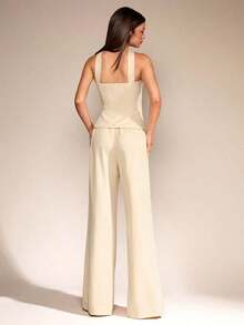 2 piezas/set de Top tipo hálter de verano y pantalones de pierna ancha para mujer, ropa de oficina/trabajo de estilo Mermaid, Backte y uso diario casual para ropa diaria de otoño para mujeres de vuelta a la escuela - Albaricoque - Ver 2