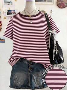Camiseta de manga corta de cuello redondo con ribete a rayas, casual de verano para mujer - Multicolor 5 - Ver 5