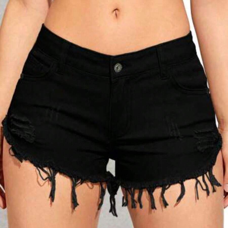 ICON Women's Pocket Frayed Edge Casual Versatile Denim Shorts - Negro - Ver 1