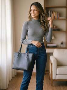 Women's Ribbed Turtleneck Sweater With Medium Neckline And Long Sleeves, Second-Skin Style, Simple And Casual. - Xám - Xem 8
