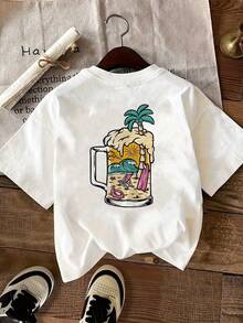 Camiseta de manga corta con estampado de jarra de cerveza tropical para mujer - Corte relajado, cuello redondo, top casual con estampado de palmeras y conchas marinas, camiseta blanca transp - Blanco - Ver 1