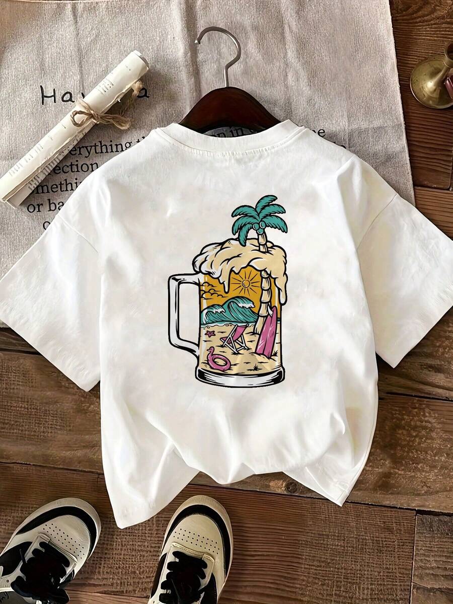 Camiseta de manga corta con estampado de jarra de cerveza tropical para mujer - Corte relajado, cuello redondo, top casual con estampado de palmeras y conchas marinas, camiseta blanca transp - Blanco - Ver 1