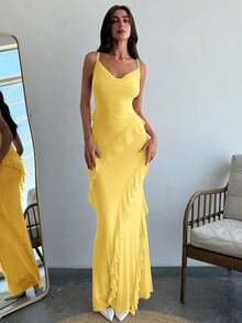 Vestido ceñido con tirantes finos, cuello drapeado y volantes para una cita romántica, para mujer.Vestidos de primavera/verano, regalo del Día de San Valentín, cita nocturna de San Valentín, "Sé mi Valentín", propuesta - Amarillo - Ver 7