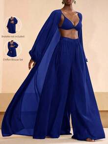 Conjunto de kimono y pantalones palazzo elegantes y casuales para la playa, 2026 - azul real - Ver 1